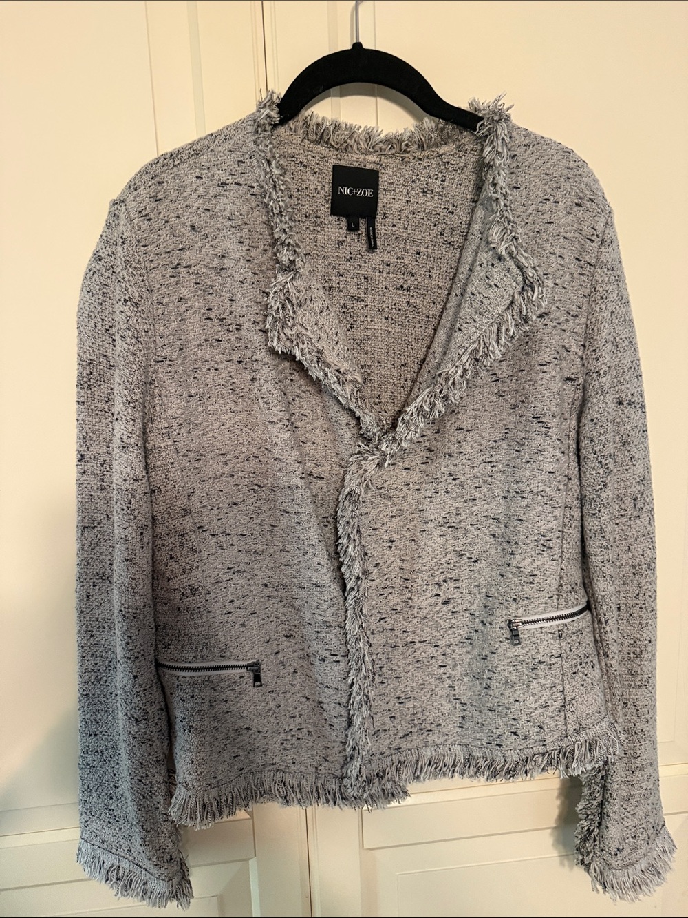 NIC+ZOE Light Gray Fringe Open-Front Tweed Blazer